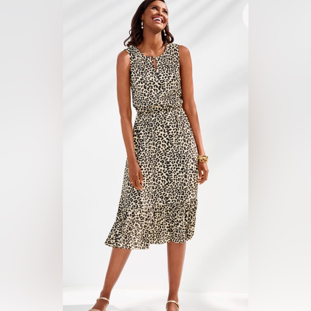 Talbots Leopard Print Keyhole Sleeveless Midi Dress size 4P.